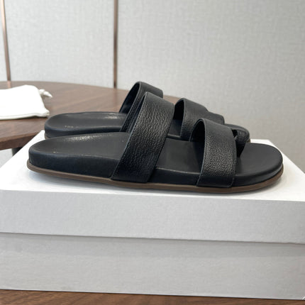 THE ROW 26S DOUBLE STRAP TOE LOOP SLIDE SANDALS IN BLACK CALFSKIN