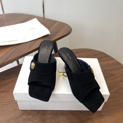 THE ROW 26S BUTTON DETAIL MULE HEELS 70MM IN BLACK SUEDE
