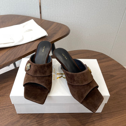 THE ROW 26S BUTTON DETAIL MULE HEELS 70MM IN BROWN SUEDE