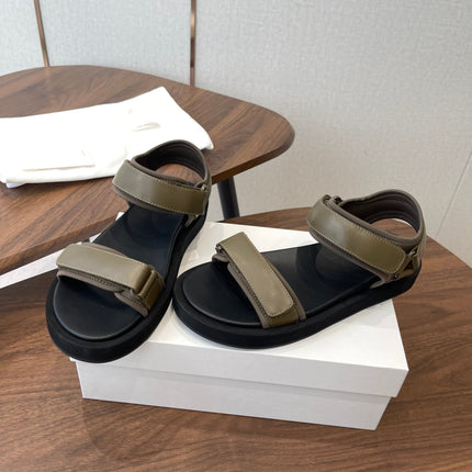THE ROW 26S DOUBLE STRAP SANDALS IN OLIVE GREEN CALFSKIN