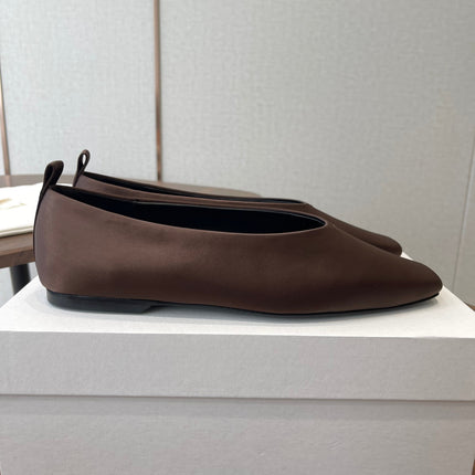 THE ROW 26S SQUARE TOE BALLET FLATS IN DARK BROWN SATIN
