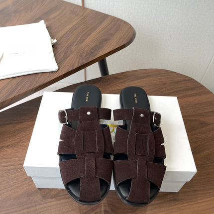 THE ROW 26S GLADIATOR SLIDE SANDALS IN DARK BROWN SUEDE