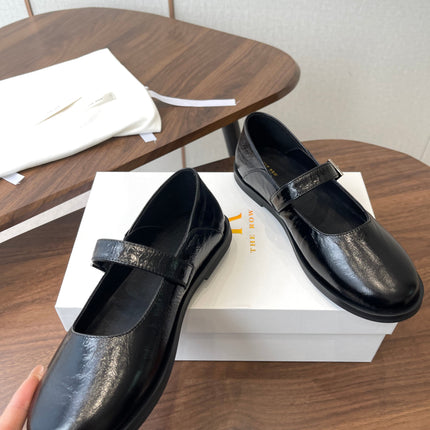 THE ROW 26S MARY JANE FLATS IN BLACK PATENT CALFSKIN