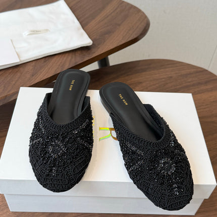 THE ROW 26S PEARL EMBELLISHED CROCHET MULE FLATS IN BLACK