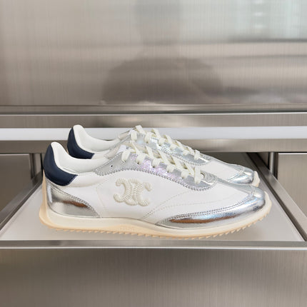 CELINE 26S RACER SNEAKERS IN WHITE FABRIC AND SILVER CALFSKIN