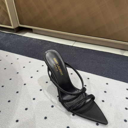 HIGH CRYSTAL STRAP SANDALS IN BLACK SILK