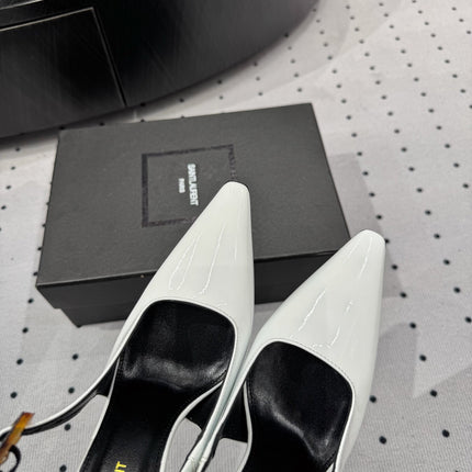 YSL 26S SLINGBACK HEELS 105 MM IN WHITE GLOSSY CALFSKIN WITH BUCKLE CLOSURE