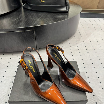 YSL 26S SLINGBACK HEELS 105 MM IN DARK ORANGE GLOSSY CALFSKIN WITH BUCKLE CLOSURE