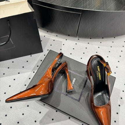 YSL 26S SLINGBACK HEELS 105 MM IN DARK ORANGE GLOSSY CALFSKIN WITH BUCKLE CLOSURE