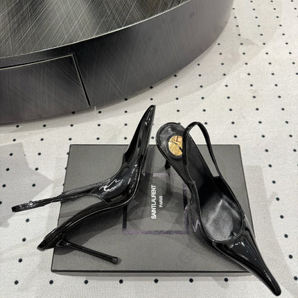 YSL 26S POINTED-TOE SLINGBACK HEELS 105 MM IN BLACK PATENT CALFSKIN STYLE 1