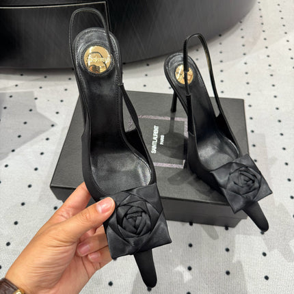 YSL 26S SLINGBACK HEELS 105 MM IN BLACK SATIN