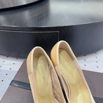POINTED-TOE HIGH PUMPS 95MM IN YELLOW MESH AND SILK
