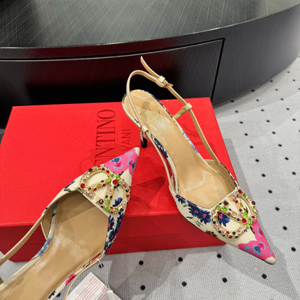 VLTN HIGH SLINGBACK 25S 80 MM IN WHITE MIX PINK FABRIC AND CALFSKIN