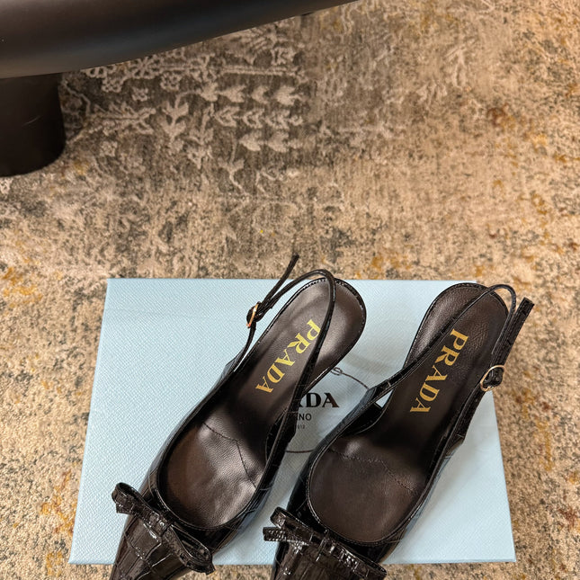 PRADA 25S SLINGBACK HIGH HEELS 75 MM IN BLACK EMBOSSED COWHIDE