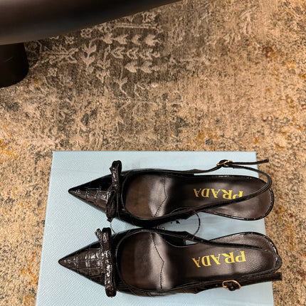 PRADA 25S SLINGBACK HIGH HEELS 75 MM IN BLACK EMBOSSED COWHIDE