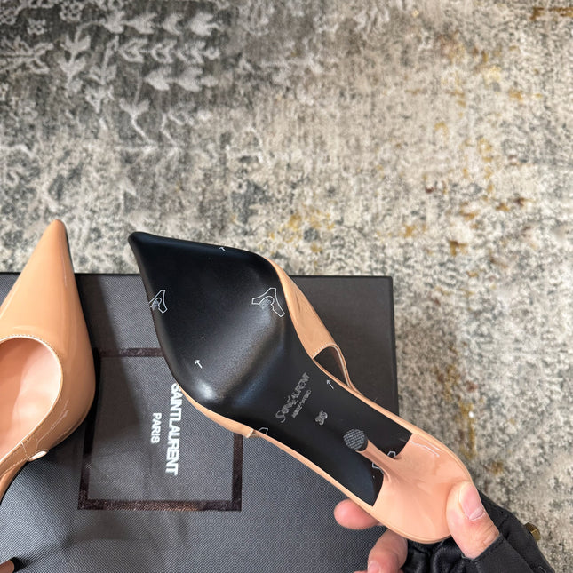 YSL 26S HEELED SLINGBACKS 100 MM IN WARM NUDE GLOSSY CALFSKIN
