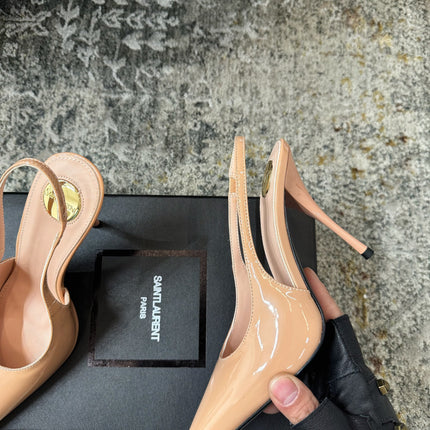 YSL 26S HEELED SLINGBACKS 100 MM IN WARM NUDE GLOSSY CALFSKIN