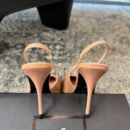 YSL 26S HEELED SLINGBACKS 100 MM IN WARM NUDE GLOSSY CALFSKIN