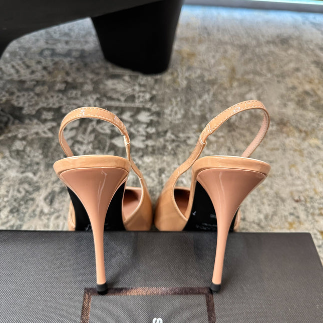 YSL 26S HEELED SLINGBACKS 100 MM IN WARM NUDE GLOSSY CALFSKIN