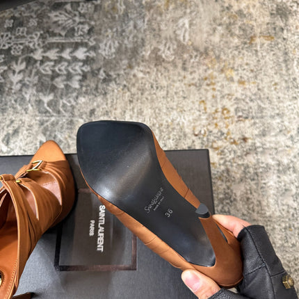 YSL 26S HEELED SANDALS 100 MM IN CLAY BROWN FABRIC