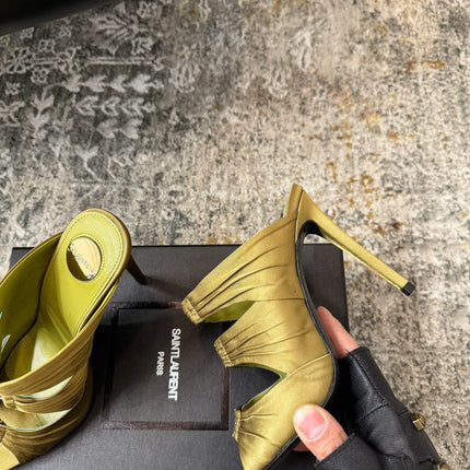 YSL 26S HEELED SANDALS 100 MM IN OLIVE GREEN FABRIC