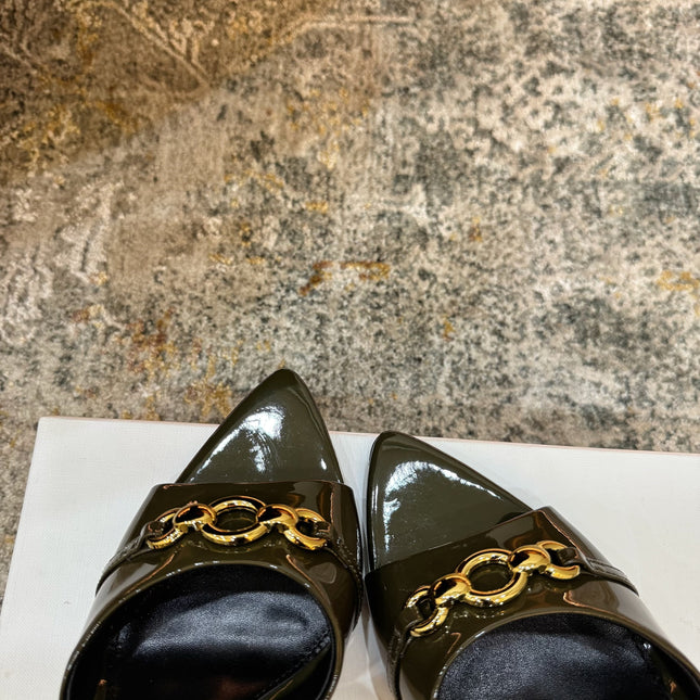 YSL 26S POINTED TOE HIGH HEEL SANDALS 100 MM IN DARK OLIVE GREEN GLOSSY CALFSKIN