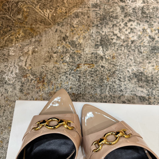YSL 26S POINTED TOE HIGH HEEL SANDALS 100 MM IN BEIGE GLOSSY CALFSKIN