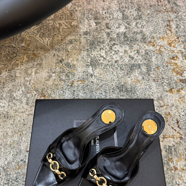 YSL 26S POINTED TOE HIGH HEEL SANDALS 65 MM IN BLACK SHINY CALFSKIN