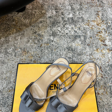 FENDI 26S HIGH-HEELED SANDALS 75 MM IN GREY SATIN