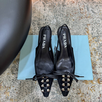 PRADA 26S POINTED TOE LACE UP SLINGBACK PUMPS 55MM IN BLACK SUEDE