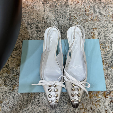 PRADA 26S POINTED TOE LACE UP SLINGBACK PUMPS 55MM IN WHITE CALFSKIN