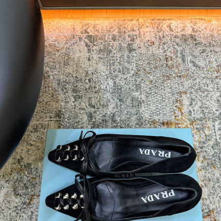 PRADA 26S POINTED TOE LACE UP STUDDED PUMPS 55MM IN BLACK CALFSKIN