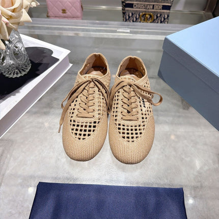 PRADA 26S LACE UP OPENWORK KNIT SNEAKERS IN BEIGE KNIT FABRIC