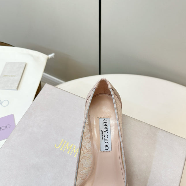 JIMMY CHOO 26S LACE-UP HEELS IN LIGHT NUDE PINK LACE AND LAMBSKIN