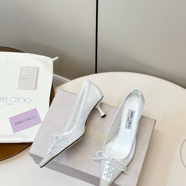 JIMMY CHOO 26S LACE-UP HEELS IN WHITE LACE AND LAMBSKIN