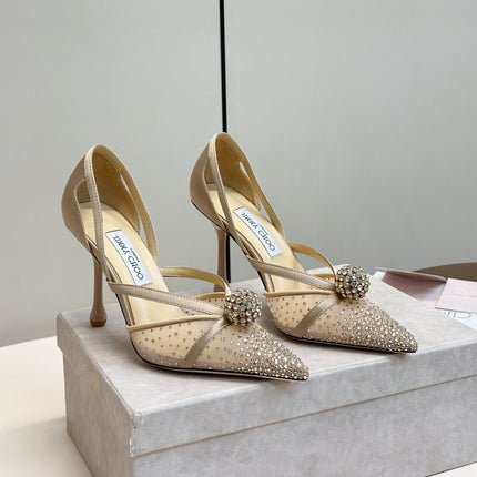 JIMMY CHOO 26S POINTED-TOE HIGH HEELS IN BEIGE CRYSTAL EMBELLISHMENT