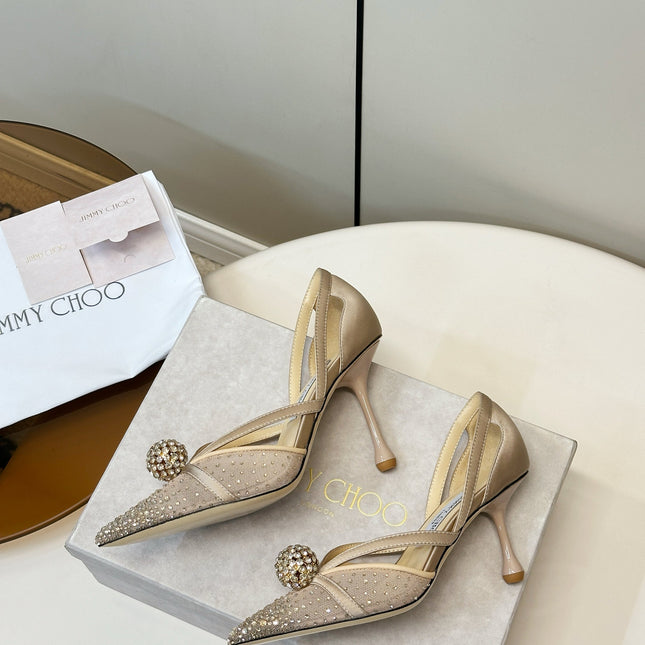 JIMMY CHOO 26S POINTED-TOE HIGH HEELS IN BEIGE CRYSTAL EMBELLISHMENT