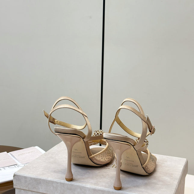JIMMY CHOO 26S HEELED SANDALS 100 MM IN BEIGE CRYSTAL EMBELLISHMENT