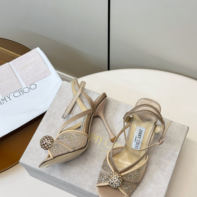 JIMMY CHOO 26S HEELED SANDALS 100 MM IN BEIGE CRYSTAL EMBELLISHMENT