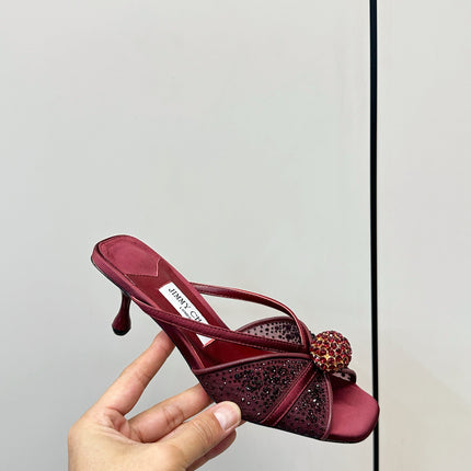 JIMMY CHOO 26S SACORA MULE 80 MM IN DARK RED CRYSTAL EMBELLISHMENT
