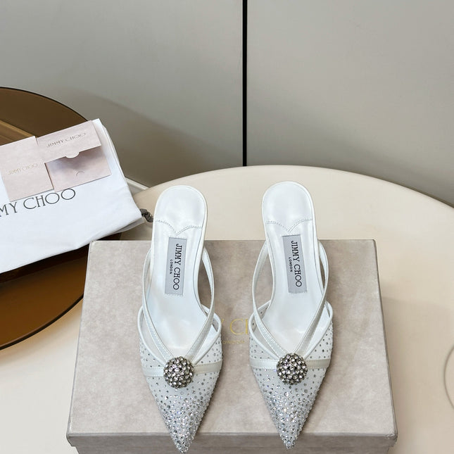 JIMMY CHOO 26S HEELED MULES 80 MM IN WHITE CRYSTAL EMBELLISHMENT