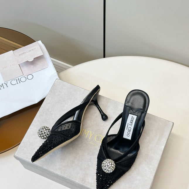 JIMMY CHOO 26S HEELED MULES 80 MM IN BLACK CRYSTAL EMBELLISHMENT