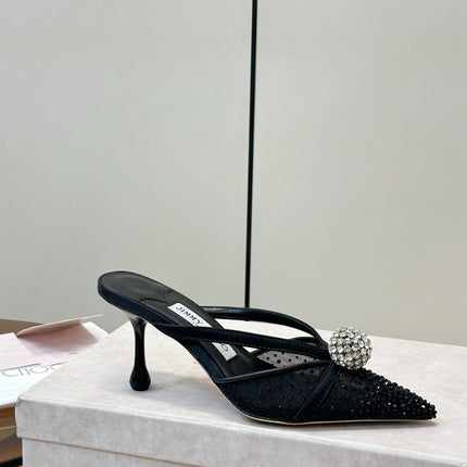 JIMMY CHOO 26S HEELED MULES 80 MM IN BLACK CRYSTAL EMBELLISHMENT
