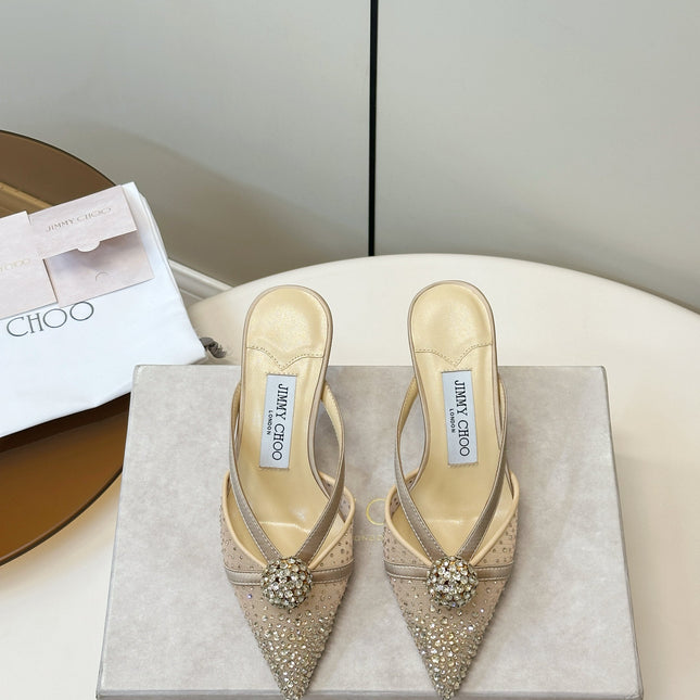 JIMMY CHOO 26S HEELED MULES 80 MM IN BEIGE CRYSTAL EMBELLISHMENT
