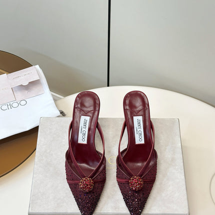 JIMMY CHOO 26S HEELED MULES 80 MM IN DARK RED CRYSTAL EMBELLISHMENT