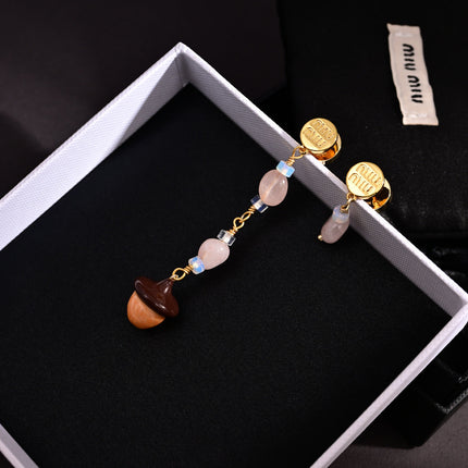 MIUMIU 26S ROSE QUARTZ BEADED ACORN DROP EARRINGS IN GOLD TONE METAL 614244