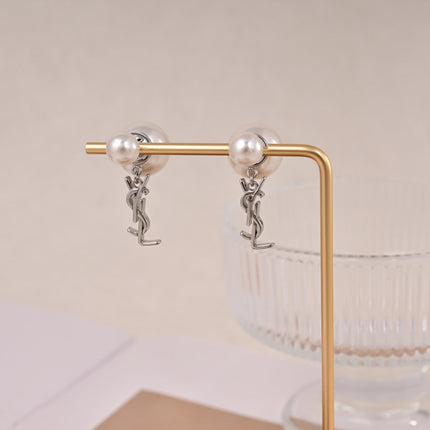 YSL 26S PEARL DOUBLE BALL DROP MONOGRAM EARRINGS IN SILVER TONE METAL 615838