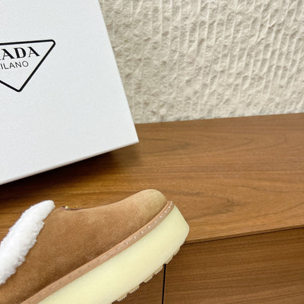 PRADA 25S PLATFORM FUR-LINED MULES IN BROWN SUEDE