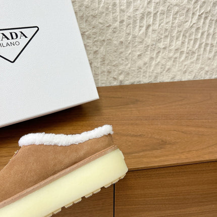 PRADA 25S PLATFORM FUR-LINED MULES IN BROWN SUEDE