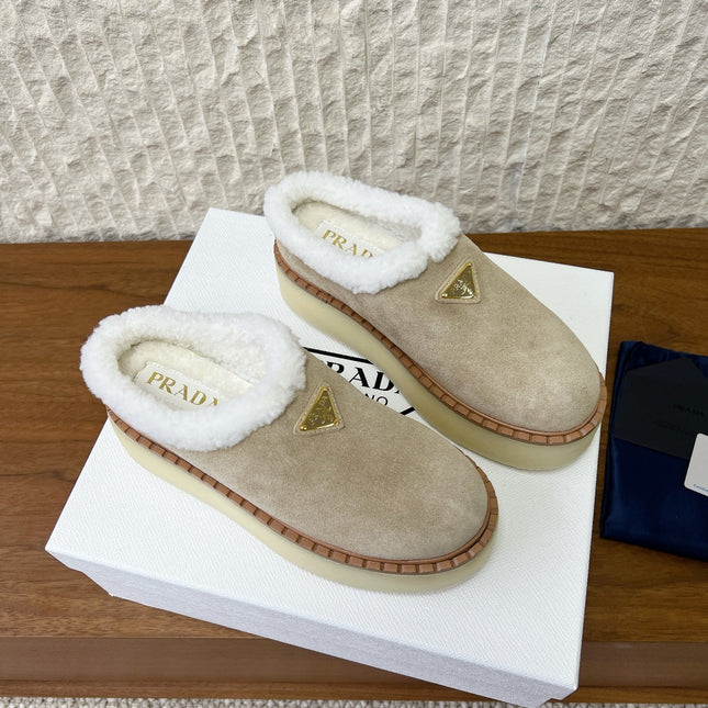 PRADA 25S PLATFORM FUR-LINED MULES IN WARM BEIGE SUEDE